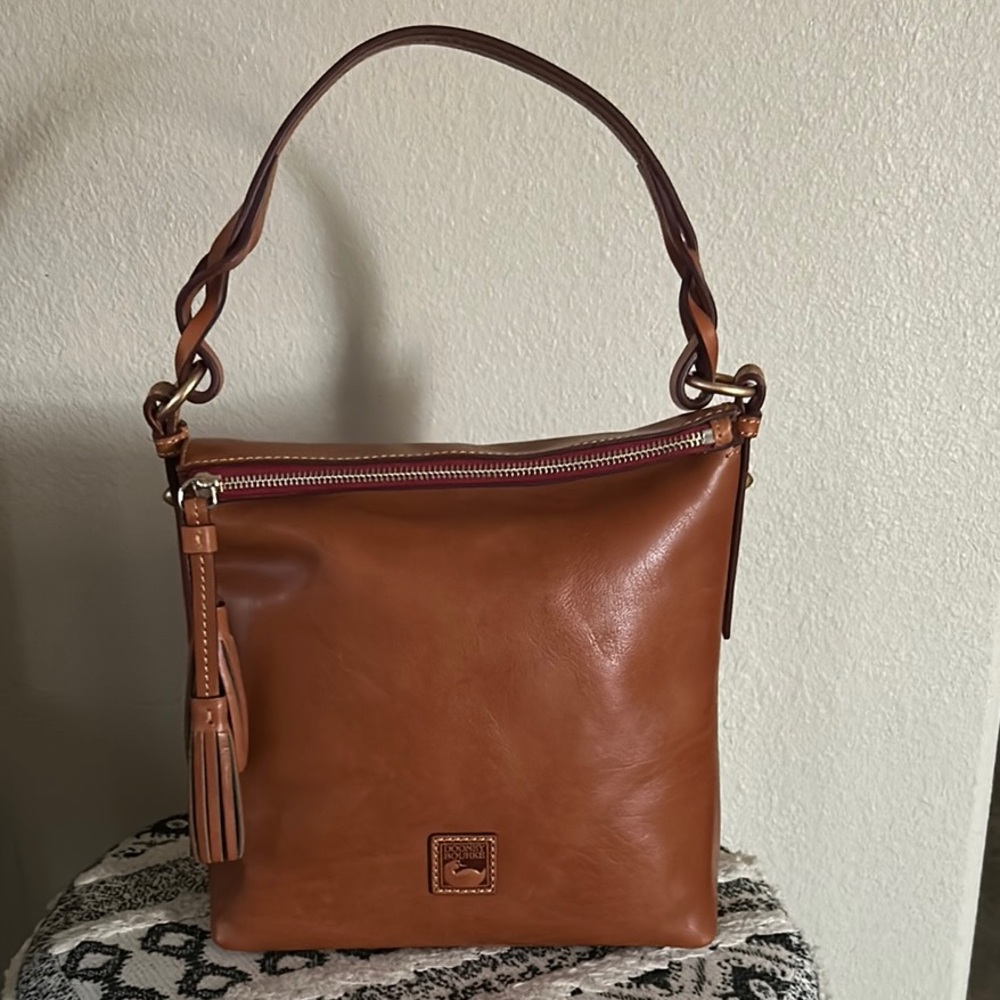 Dooney & Bourke Florentine Leather Natural Dark Tan Braided Tassel Randy Handbag